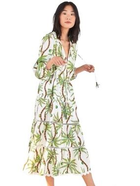 FARM Rio White Maxi Dress with Green Palm Print
